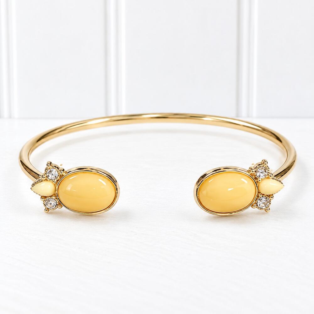 Gold Tone Yellow Oval Cabochon Open Cuff Bracelet Crystal Accent NWT